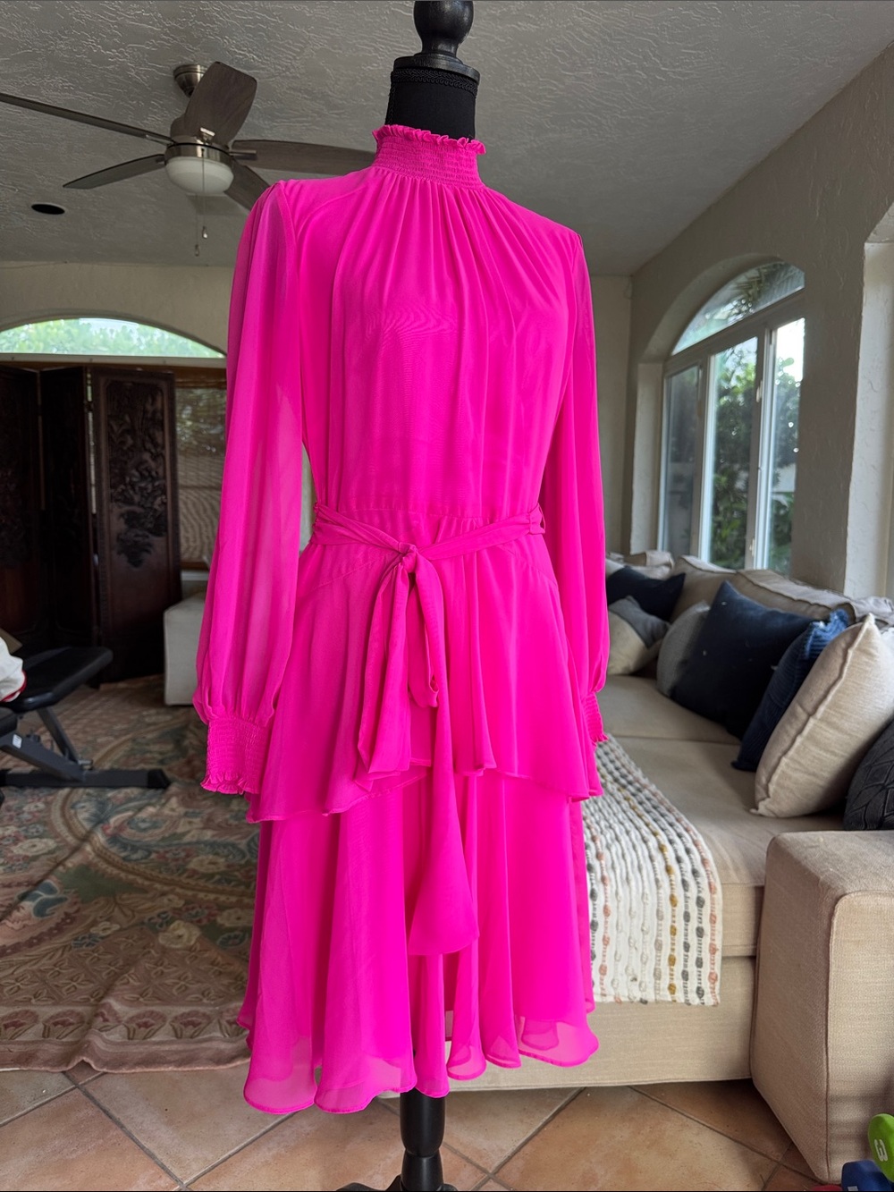 Alex Marie Hot Pink Long Sleeve Tiered Midi Dress